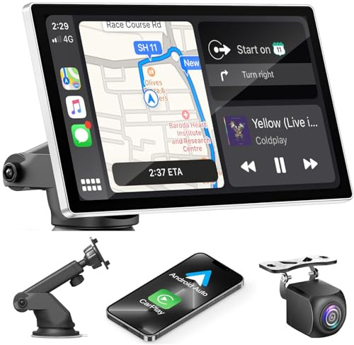 KMUTZY 9 Zoll Wireless Tragbares Carplay Display für A-pple Carplay & Android Auto, Navigationsgeräte für Auto mit Rückfahrkamera, Bluetooth, Mirror Link, Voice Control, FM, AUX