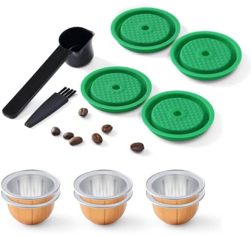 Pack of 4 Reusable Coffee Capsule Lids with 6 Capsule Shell- 80/150/230ml, Food Grade Silicone Refillable Coffee Pods Cap for Original Vertuo-line and Vertuo Capsules, Green