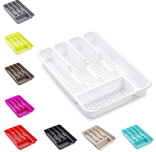 plastific Large CUTLERY TRAY Flatware Organiser Strong Plastic Drawer Sliding Tidy Cutlery Drawer Tray | Kitchen Storage Utensils and Knives Organizer (33 x 24 x 4.3, White)