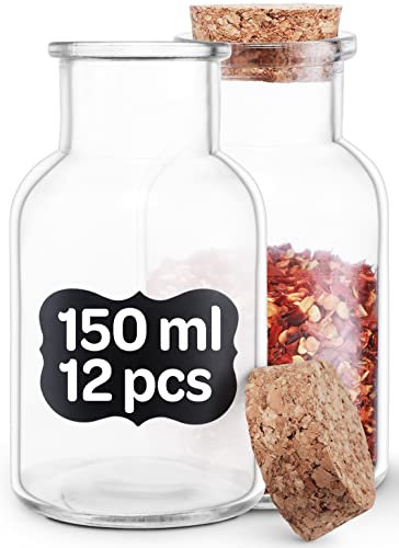 Praknu 12 Frascos de Especias de Cristal con Tapa de Corcho - 150ml - Con Etiquetas y Marcador - Especieros Hermeticos