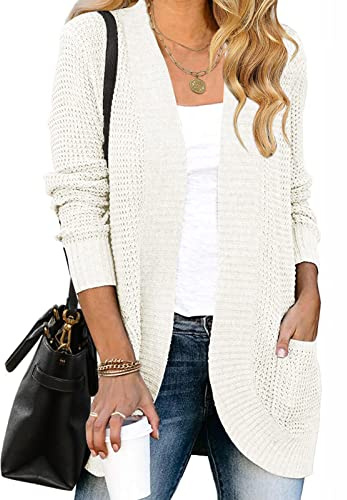 MEROKEETY Womens Long Sleeve Cardigan Sweaters Fall Winter Chunky Cozy Knit Draped Open Front Outwear Outfits, White, S