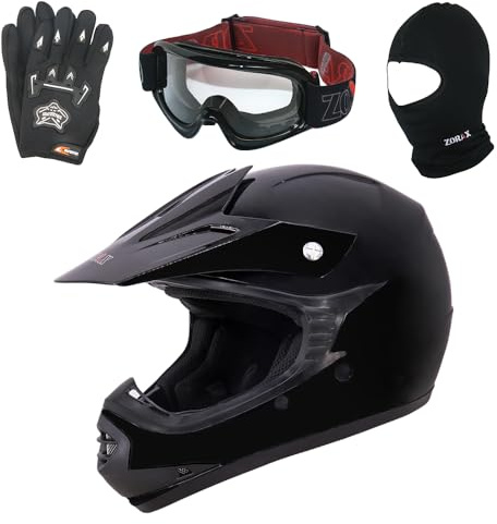 Zorax ZOR-X15 Black M (51-52cm) Kids Children Motocross Motorbike Helmet ECE 2206 & Gloves M(6cm) & Goggles & Balaclava - Youth Junior Dirt Bike Off Road Motorcycle Crash Helmet
