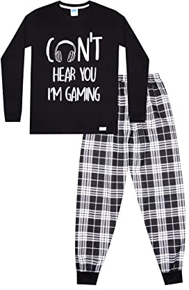 Pyjama long en coton à carreaux pour garçon Can't Hear You I'm Gaming, Noir , 15-16 ans
