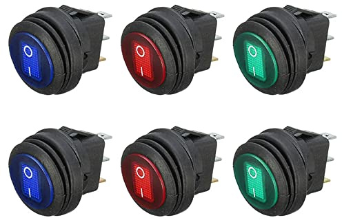 ETOPARS 6 st runda vippströmbrytare för bil 12 V 20 A blå röd grön LED-ljusindikator bil vippströmbrytare vattentät 3 stift på av SPST auto båt
