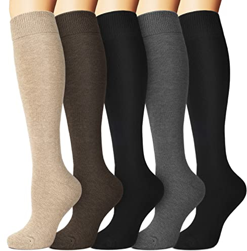 we fleece Warm Knee High Socks for Women-Thermal Cotton Socks for Hiking,Work,Winter,Gifts(One Size, 5Pack Black/Grey/Brown/Beige/Black)