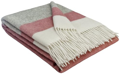 STTS International Wolldecke 100% Schurwolle Wohndecke in versch. Farben Tagesdecke Schurwolldecke Plaid 140 x 200 cm Tirol (Hellgrau-Rosa-Weiß (Streifen))