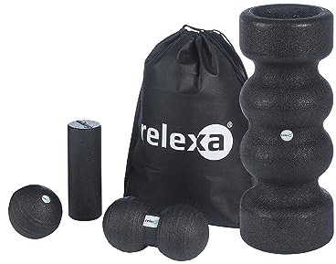 Relexa Faszienstarterset Double-Twin - 5-Teiliges Set Zur Massage Bei Rückenschmerzen & Als Fitness-Training Zubehör - Angenehmes Material & Recyclebar - Schwarz