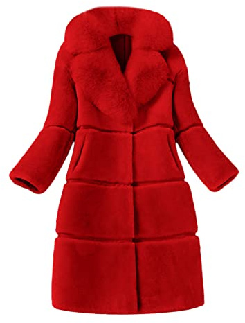 Manteau d'hiver L9WEI pour femme, longueur moyenne, en fausse fourrure, élégant, fin, col en V, rouge, XL