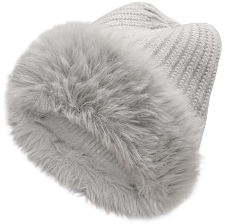ZLYC Winter Faux Fur Slouchy Beanie Hat for Women Warm Knit Stretch Cuffed Skull Cap(Solid Gray)