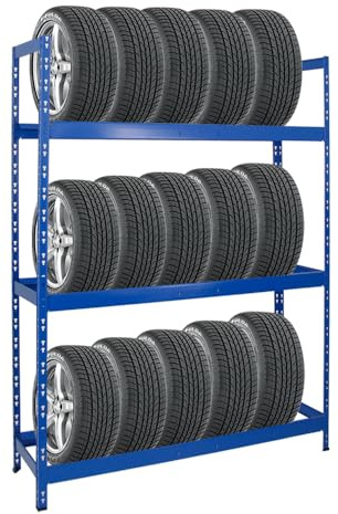 PROREGAL Reifenregal Tiger XL | HxBxT 200x150x45 cm | 300kg Fachlast | bis zu 18 Reifen (205/55 R16) | Blau | Werkstattregal, Lagerregal, Kellerregal