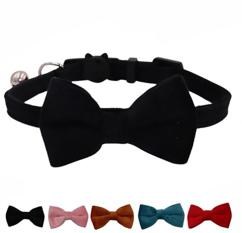 WDPAWS Cat Collar Breakaway with Bell and Removable Bow Tie Safety Buckle Velvet Adjustable 7-11 inches for Kitten Cats (Black)