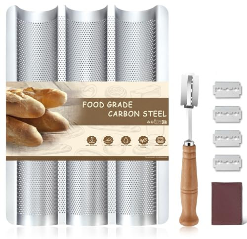 Pleafind Stampo per baguette per 3 baguette con rivestimento antiaderente, teglia da forno per baguette con 3 fessure, vassoio per baguette perforato e scanalato, accessorio per baguette (argento)