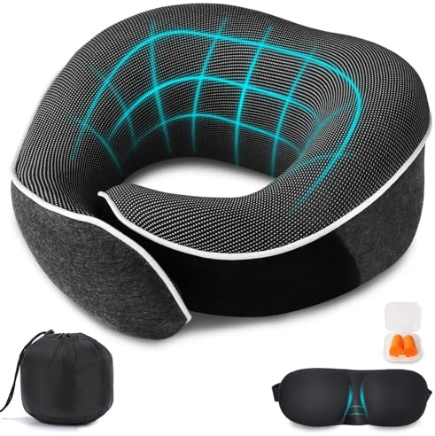 MILADO Airplane Neck Pillow, 360° Memory Foam Travel Pillow for Long Flights, Office & Car, Portable Adjustable Neck Support Pillow with Removable Cover, Compact Travel Size Dark Grey