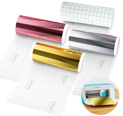 4 Rolls Smart Vinyl Permanent for Cricut Joy 14 x 200 cm Smart Adhesive Vinyl Permanent Metallic Chrome Vinyl Self-Adhesive Gold + Silver + Rose Gold + Transfer Film for DIY Windows, Cups, Cars,