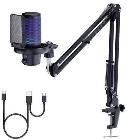 Feelworld VM1 USB Gaming Microphone with Adjustable Cantilever Stand for Podcast Recording,Computer Gaming,Noise Cancelling Microphone,Cardioid Pointing, RGB Lights,Anti-Spray Mesh