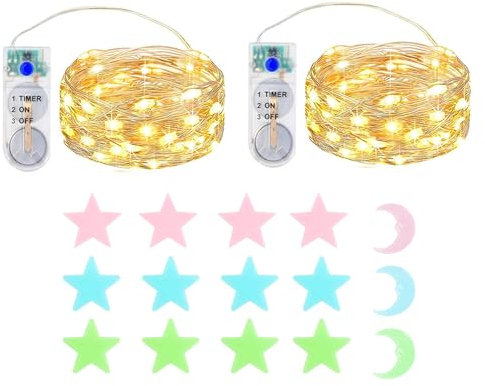2x2M 20 LED Mini luci per interni per esterni con batteria timer per decorazioni per l'illuminazione natalizia di nozze per feste, con adesivi murali a stelle fluorescenti