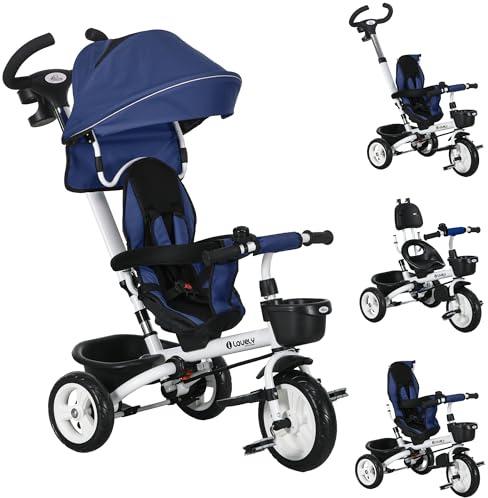 HOMCOM Tricycle bébé évolutif 6 en 1, tricycle enfant pliable avec poignée parentale réglable, capote, siège réversible, harnais de sécurité 5 points, garde-corps et paniers, pour 1-5 ans bleu foncé