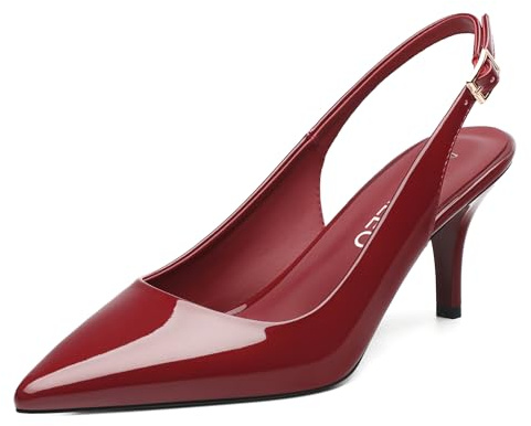 NUMALEO Burgundy Slingback Heels for Women Pointed Close Toe Kitten Heels Patent Pumps Dress Party Comfy Stiletto 2.5 Inch Dress Shoes Size 8