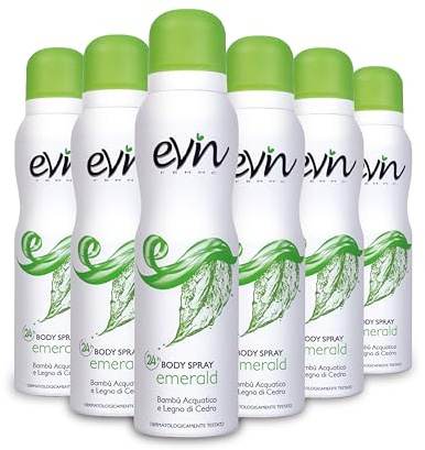 EVIN FEMME | Deodorant för kvinnor Emerald Spray, Doft Vattenbambu och Cederträ, 24 h aktiv formel, dermatologiskt testad, 6 x 150 ml