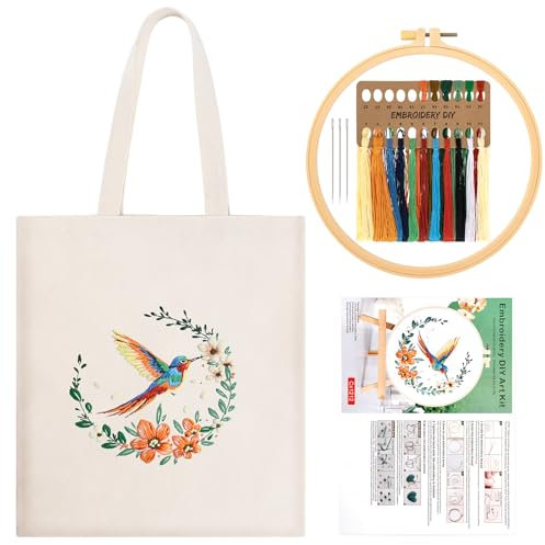 JSRQT Kolibri Canvas Tote Bag Stickerei Set, Blumen Gestempeltes Kreuzstich Starterset für Anfänger Erwachsene, Tasche Handgefertigte Stickset Basteln mit Werkzeug, Anleitung, Nadel und Faden, Beige
