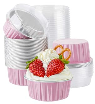 Confezione da 100 pirottini da forno in alluminio con coperchio, 141,7 g, per dessert, muffin, mini teglie usa e getta, per matrimoni, compleanni, contenitori singoli per dessert (rosa chiaro)