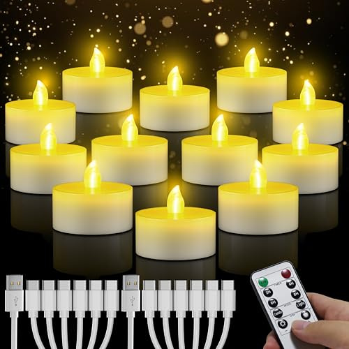 daphomeu Lot de 12 bougies chauffe-plat LED rechargeables sans flamme avec télécommande, fonction minuterie, rechargeables par USB, bougies électriques pour mariage, Halloween, Noël, décoration de la