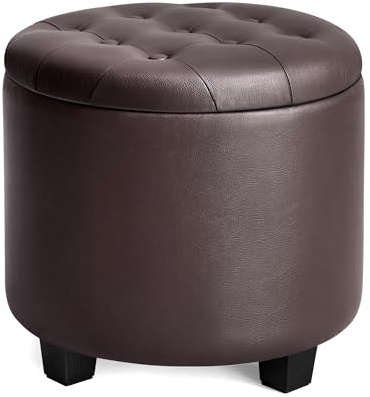 SONGMICS Round Ottoman, Ottoman with Storage, 17.7 x 17.7 x 17.5 Inches, Foot Rest with Legs, Synthetic Leather, Load up to 330 lb, for Living Room, Bedroom, Chestnut Brown ULOM014K01