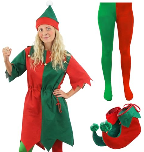 SSKHE Elf Costume for Adult, Christmas Fancy Dress Cosplay Outfit with Hat Shoes Socks, Elf Dress Up Costumes for Carnival Halloween Xmas Party Winter Holiday