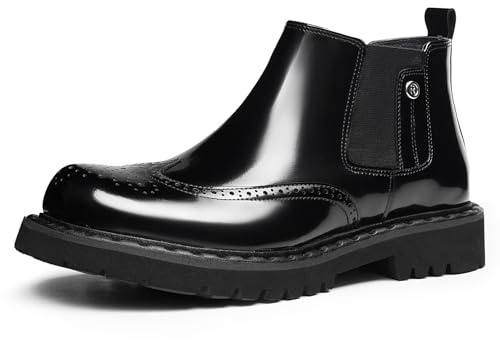 WinDhana Leather Boots For Men Full-Grain Cowhide Chelsea Boots Pull-On Elastic Gore Wingtip Brogue Dress 25901 Black US 6