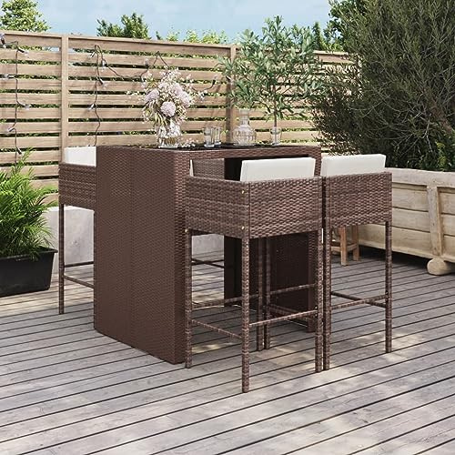 Mimdixy Juego de muebles de jardín para terraza, 5 piezas, set de bar de jardín con cojines de ratán marrón de polirratán, grupo de asientos para jardín, balcón, embalaje compacto y fácil montaje