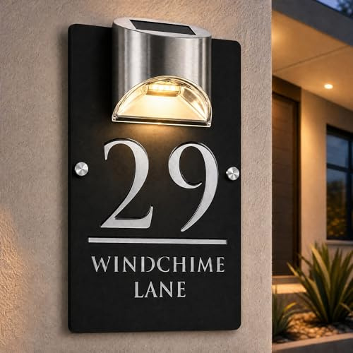 Plaque numéro maison exterieur solaire personnalisée en acrylique LED étanche – Panneau adresse nom rue pour boîte aux lettres, jardin, mur – Cadeau emménagement(Black Silver)