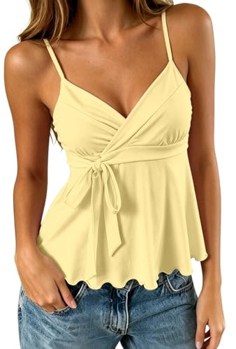 Camiseta de tirantes finos para mujer, cuello de pico, camiseta elástica con encaje en contraste, top envolvente, camiseta de tirantes para verano, ropa de playa