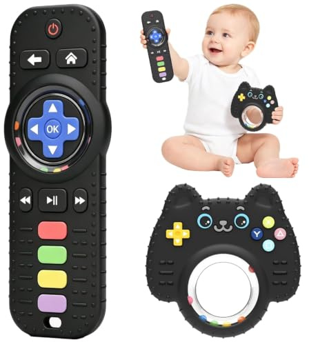 Felly 2 Piezas Mordedor Bebe de 3-12 Meses, Juguete de Silicona Mando para Bebés Morder, Juguetes Baño con Sonajero, Juguetes para Alivio de la Dentición, Regalo para Bebé Niño Niña
