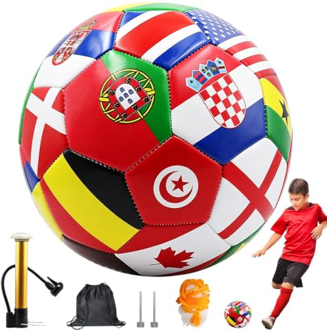 Foreverup Balon de Futbol con Banderas Mundiales, Tamaño 5 Balones De Futbol, Balón De Futbol Curvo con 1 Bomba De Balón, 2 Agujas, 1 Bolsa De Red, para Prácticas, Partidos y Regalos