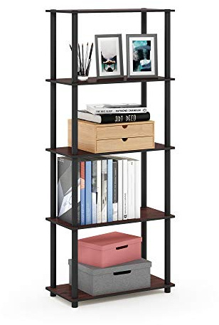 Furinno TURN-N-TUBE Storage Shelves, 5-Tier Book Shelf, Corner Shelf, Toolless Open Shelves, for Organization and Storage, Living Room, Garage, Home Office, Dark Cherry