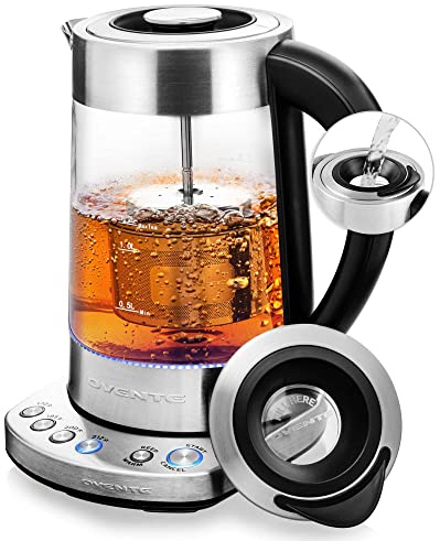 OVENTE 1.7L Electric Tea Kettle with Removable Infuser, Variable Temperature Control, Keep Warm Function, 1500W Fast Heating Water Boiler, BPA Free Borosilicate Glass & Easy to Fill Lid, Silver KG733S