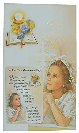 Needzo Girls First Communion Greeting Card with Keepsake Prayer Card, 7 1/2 Inch