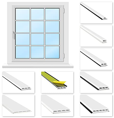 Barres de fenêtre HEXIM blanc 1 & 2 mètres - barres de verre autocollantes en plastique PVC blanc, lèvres d'étanchéité (raides & évasées) en gris et noir - HJ G47(1000x47x8mm, lèvre grise)