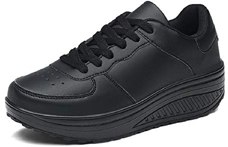 Women Wedge Heeled Fashion Sneaker Faux Leather Platform Shoes Rocker Sole Walking Shoes Lace Up Fitness Shoes Black 7.5 UK
