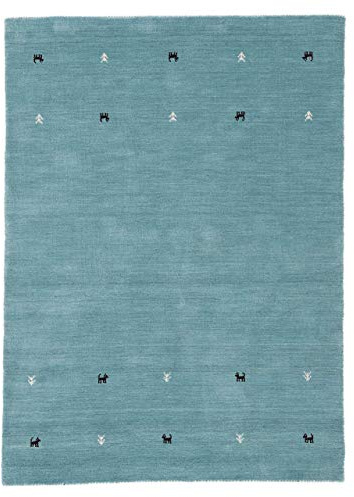 carpetfine Wollteppich Gabbeh Uni Türkis 60x90 cm | Moderner Teppich für Wohn- und Schlafzimmer