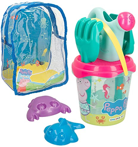 COLORBABY Peppa Pig Set Cubo de Playa con Pala, rastrillo, regadera y Accesorios, Mochila de Playa para niños, Set Playa Infantil, Mochila con Juguetes para la Playa (77338)