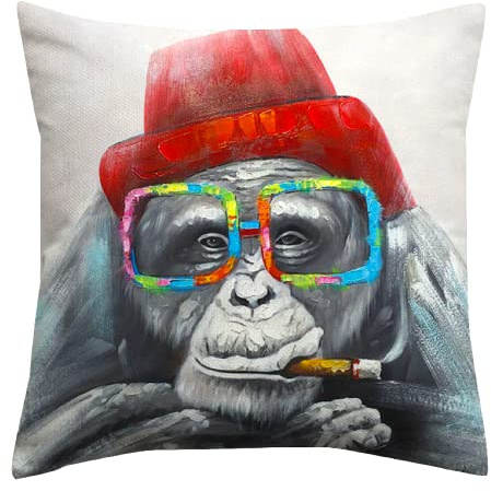 The Beach Stop Colourful Chimpanzee Monkey Printed Cushion Cover | Gift Idea for Men Women & Children | 45x45cm 18x18 | Chimp with Glasses