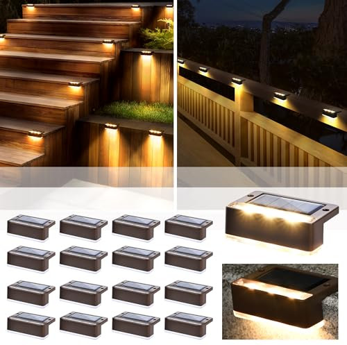 Solpex Lot de 16 lampes solaires d'extérieur à 6 LED étanches pour terrasse, escalier, porche, balcon, allée, jardin, cour, patio, piscine, étanchéité IP65 (blanc chaud)