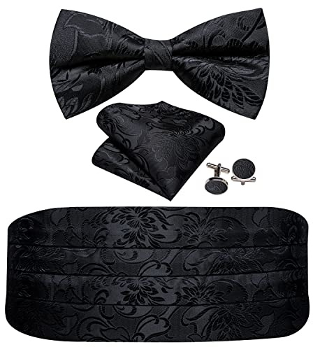 Barry.Wang Cummerbund fluga set för män, silke Cummerbund förknuten fluga ficka fyrkantiga manschettknappar, Svart blomma, en storlek