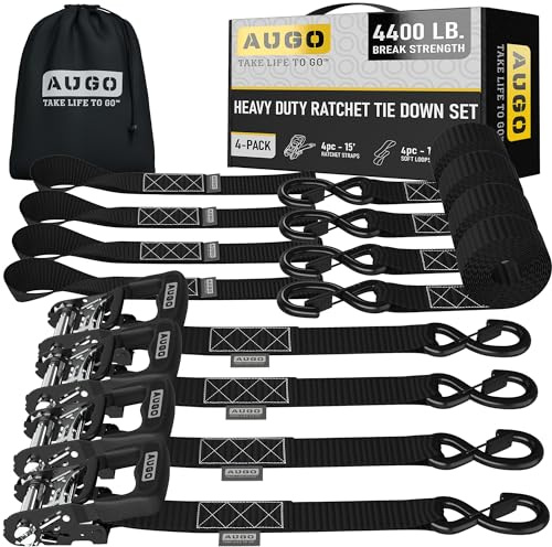 AUGO Heavy Duty Ratchet Straps & Soft Loops – Pack of 2 Extra Strong 1.5” by 15’ Ratchet Straps w/S-Hook Safety Latches & 2 Soft Loop Tie Downs – 4400Lb Break Strength for Motorcycles, ATVs, Etc.
