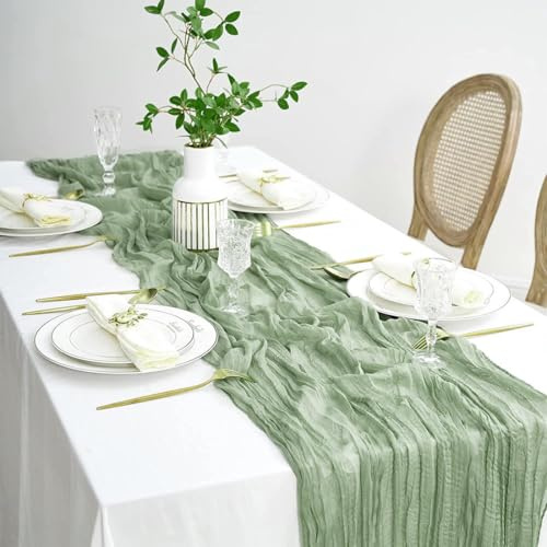 Camino de Mesa Verde Salvia, 90 x 400cm Vintage Largo Camino de Mesa, Banda de Mesa Bohemio Verde Oliva con Textura Arrugada, Mantel Rústico de Gasa para Boda Cumpleaños Decoracion de Mesa