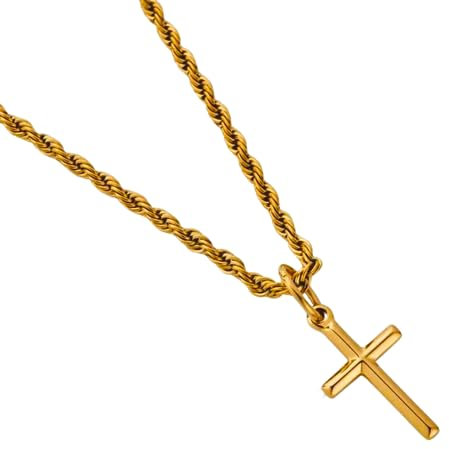 DVRK® Collar Cruz Hombre Oro 18k sobre Base de Acero Inoxidable 316L - Cadena Cruz Hombre Resistente al Agua y al Sudor - Colgante Crucifijo - Rosario - Regalo