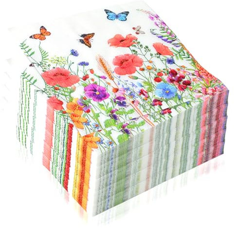 100 Stück Papierservietten mit Blumen Servietten Blumenwiese Schmetterlinge Servietten Blumenmuster für Frühling Geburtstage Partys Hochzeiten Feiern 33x33cm