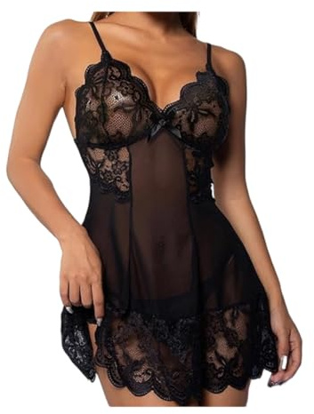 Sexy Babydoll Lingerie for Women, Lace Mesh Babydoll Nightwear Dress with G-String, Adjustable See Through Mesh Nightdress, Mini Cami Pajama Dress, Floral Lace Bodysuit Nightgown Skirt for Party