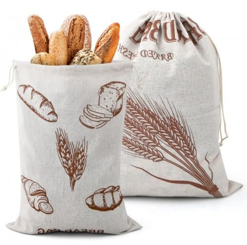 2 Pièces Sacs à Pain en Lin Réutilisables, 40x30cm, Sac à Pain en Coton, Sac a Pain Tissu Conservation, Baguette Sacs de Stockage de Pain avec Cordon de Serrage pour Maison, Fait